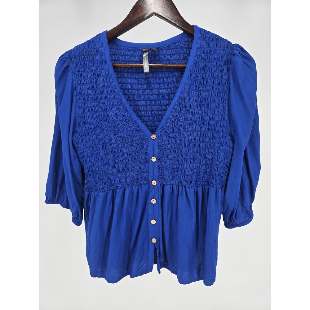 Cassee's Womens Top 2X Blue Button Front Smocked 3/4 Sleeve Peasant Milkmaid